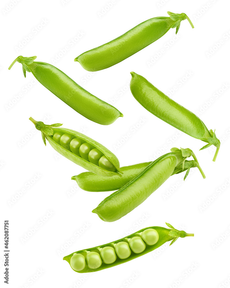 Falling green Pea pod, isolated on white background, clipping path, full depth of field Falling green Pea pod, isolated on white background, clipping path, full depth of field