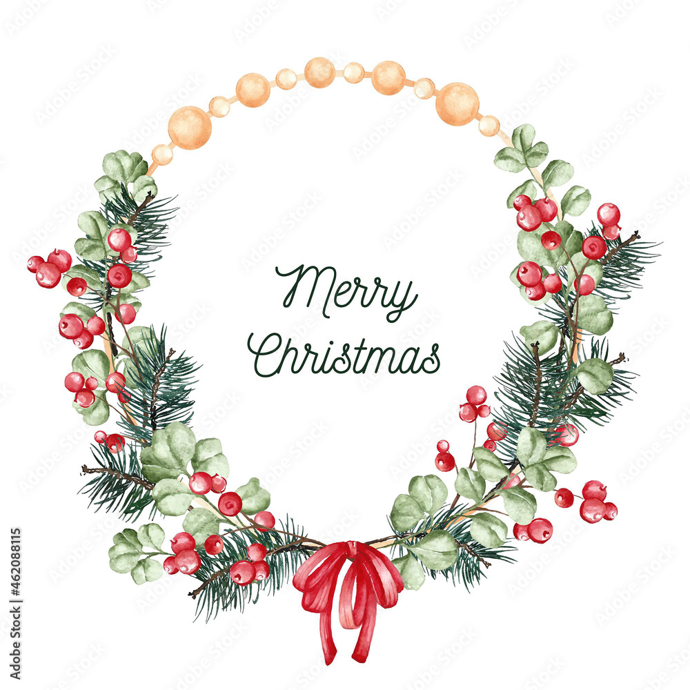 creative watercolor christmas wreath with greeting vector design illustration