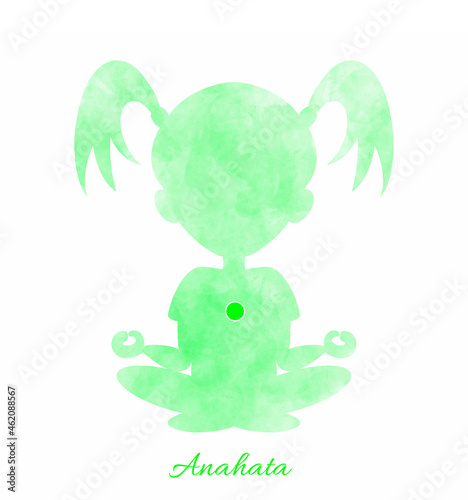 Anahata girl silhouette of yoga lotus position chakra circle hand drawn digital illustration for kids. Print quality for children