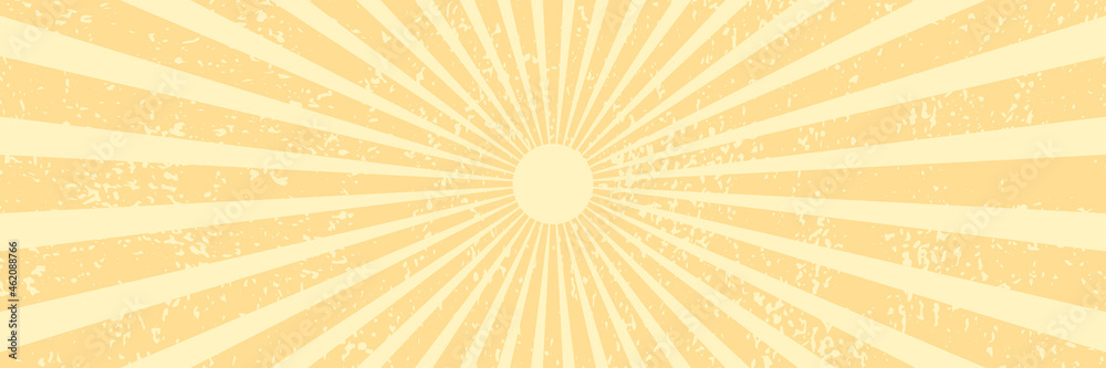 Fototapeta premium Vector background in comic book style with rays and grunge texture. Retro pop art design. Long horizontal banner.