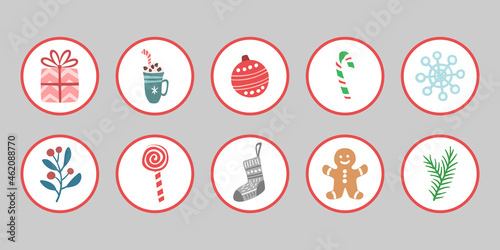 Set of highlight covers for social media stories, flat icons. Vector Christmas illustrations: snowflake, candies, gift box, branches and other elements, isolated on gray background.