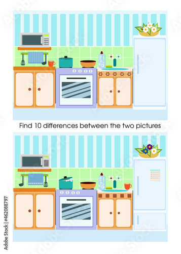 Find ten differences picture puzzle game cartoon kitchen svg