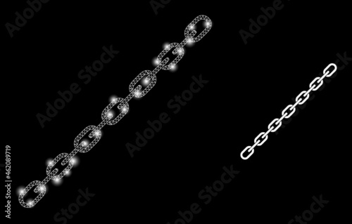 Glossy mesh vector chain with glare effect. White mesh, bright spots on a black background with chain icon. Mesh and glare elements are placed on different layers.