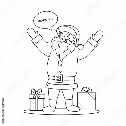 Presents and cartoon funny Santa waving hand and say Hohoho. Vector Illustration line art; Black and White, Isolated. Coloring page The Symbol Of Christmas