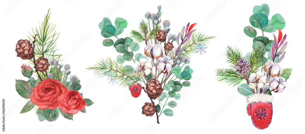 set of watercolor Christmas winter bouquets with branches of a Christmas tree and dried cotton flowers and roses for greeting isolated on a white background in Boho style