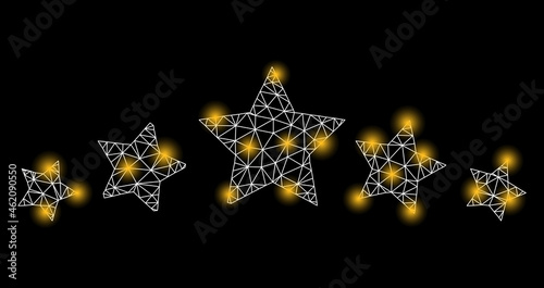 Bright mesh vector 5 star rating with glare effect. White mesh, bright spots on a black background with 5 star rating icon. Mesh and glare elements are placed on different layers.