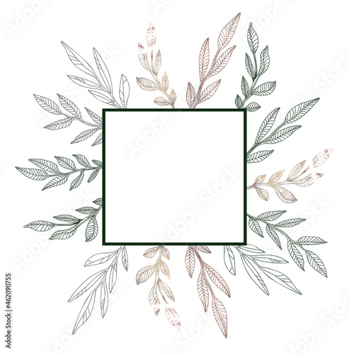 Square frame in boho style. A frame decorated with painted leaves for an invitation to a wedding  a bachelorette party  a party.
