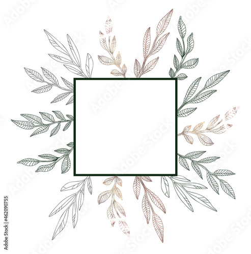 Square frame in boho style. A frame decorated with painted leaves for an invitation to a wedding, a bachelorette party, a party.