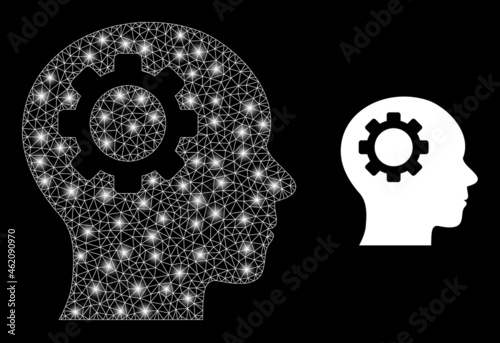 Bright mesh vector brain gear with glare effect. White mesh, glare spots on a black background with brain gear icon. Mesh and glare elements are placed on different layers.