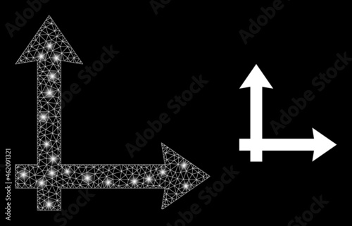 Glamour mesh vector coordinate system with glare effect. White mesh, flash spots on a black background with coordinate system icon. Mesh and glowing elements are placed on different layers.