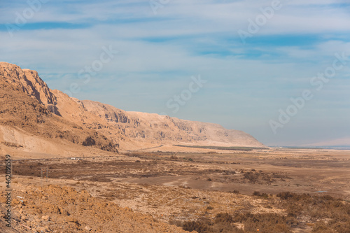 Desert and road along the Dead Sea, Israel. Desert landscape, palms, oasis.