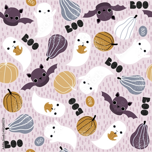 Happy Halloween seamless pattern with ghost, bat and pumpkins. Vector hand drawn illustration.