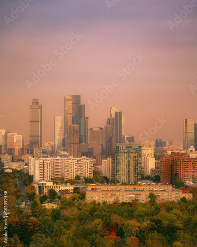 Aerial cityscape skyline view to city Moscow, Russia at sunset