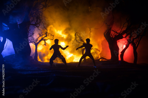 Karate athletes fighting scene on boxing ring with red ropes. Character karate. Posing figure artwork decoration. Sport concept. Decorated foggy background with light. Selective focus