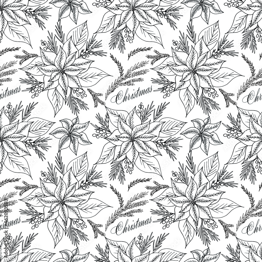 Hand drawn Christmas seamless pattern of poinsettias. Monochrome branches in vintage style. Vector illustration with elements decorations for greeting cards, christmas posters and wrapping. Hand drawn Christmas seamless pattern of poinsettias. Monochrome branches in vintage style. Vector illustration with elements decorations for greeting cards, christmas posters and wrapping.