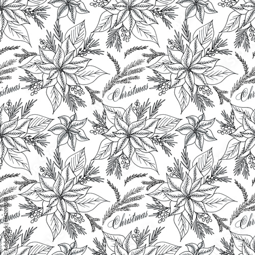 Hand drawn Christmas seamless pattern of poinsettias. Monochrome  branches  in vintage style. Vector illustration with elements decorations for  greeting cards, christmas posters and wrapping.
