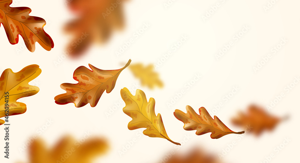 Autumn coloured leaves blowing in the wind. Vector fall background illustration.