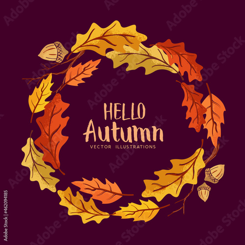Cheerful autumn circle wreath made from golden and red coloured leaves. Vector illustration.