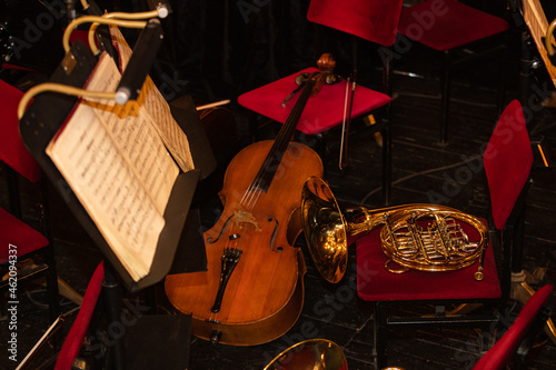 Cello and  French Horn on chair during interval