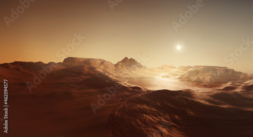 Fototapeta Naklejka Na Ścianę i Meble -  An epic landscape view of the marian landscape. Mars exploration 3D illustration.