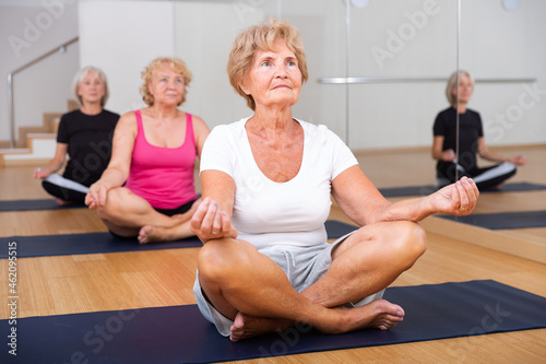 Senior women sitting in lotus pose during their group yoga training.