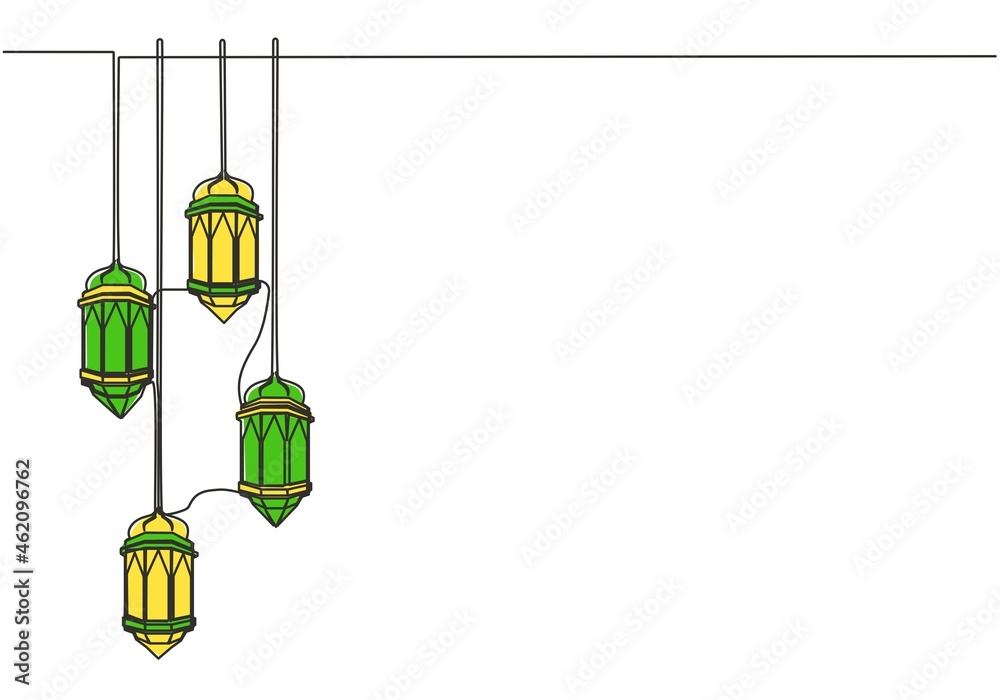 Ramadan Kareem greeting card, banner, and poster design. One single line drawing of Islamic lantern lamps ornament hanging on wire with white background. Continuous line draw vector illustration Ramadan Kareem greeting card, banner, and poster design. One single line drawing of Islamic lantern lamps ornament hanging on wire with white background. Continuous line draw vector illustration