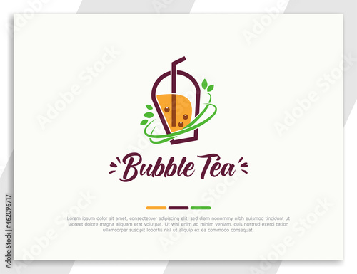 Fresh bubble tea logo with green leaves