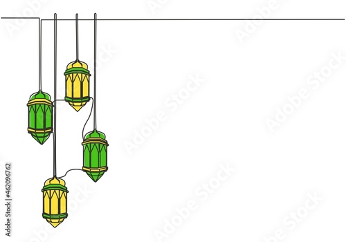 Ramadan Kareem greeting card, banner, and poster design. One single line drawing of Islamic lantern lamps ornament hanging on wire with white background. Continuous line draw vector illustration