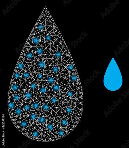 Bright mesh vector water drop with glow effect. White mesh, bright spots on a black background with water drop icon. Mesh and glowing elements are placed on different layers.