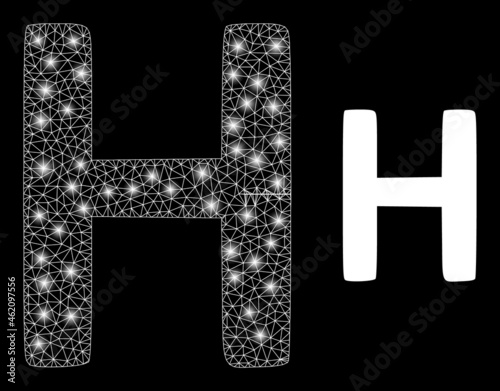 Glamour mesh vector Eta Greek symbol with glare effect. White mesh, glare spots on a black background with Eta Greek symbol icon. Mesh and glare elements are placed on different layers.