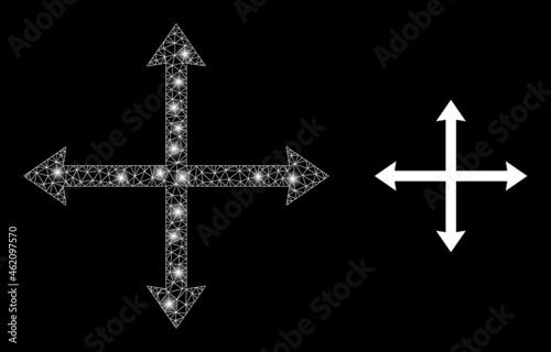 Glossy mesh vector expand with glare effect. White mesh, light spots on a black background with expand icon. Mesh and glare elements are placed on different layers.