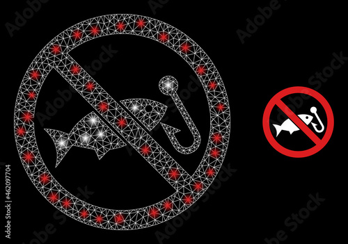 Magic mesh vector forbidden fishing with glare effect. White mesh, glare spots on a black background with forbidden fishing icon. Mesh and glare elements are placed on different layers. photo