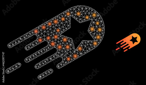 Glossy mesh vector star bolide with glare effect. White mesh, glare spots on a black background with star bolide icon. Mesh and glare elements are placed on different layers.