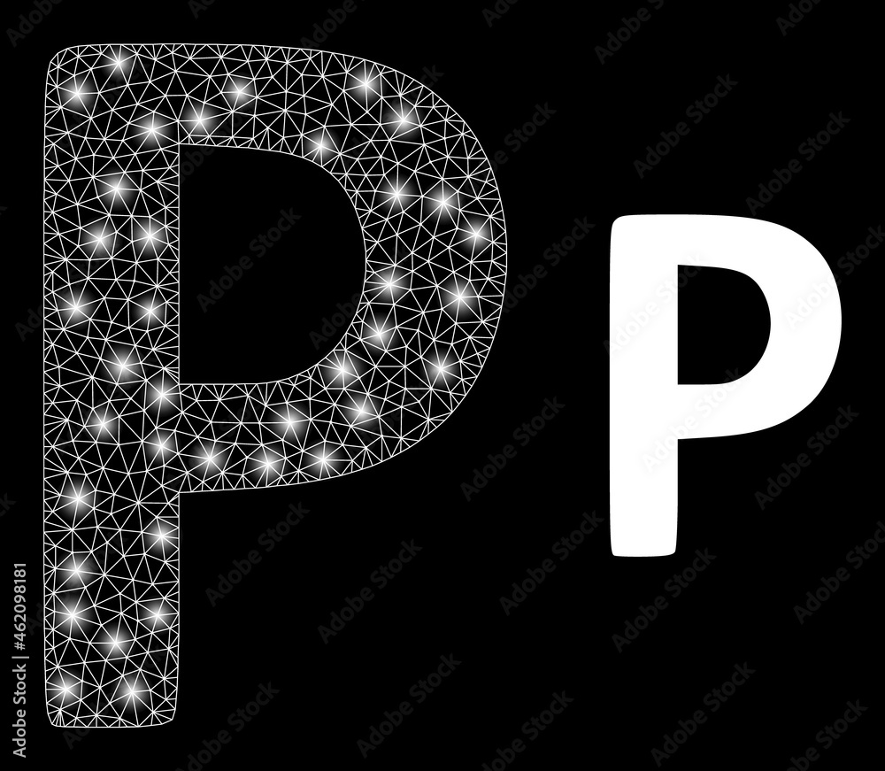 Bright mesh vector Rho Greek symbol with glare effect. White mesh, bright spots on a black background with Rho Greek symbol icon. Mesh and glare elements are placed on different layers. Bright mesh vector Rho Greek symbol with glare effect. White mesh, bright spots on a black background with Rho Greek symbol icon. Mesh and glare elements are placed on different layers.