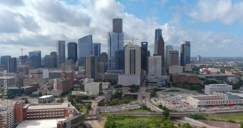 Aerial view of downtown Houston on a cloudy day