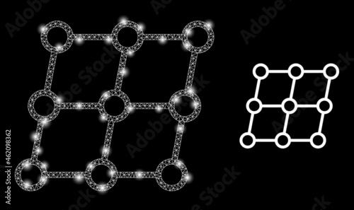 Glossy mesh vector shifted grid nodes with glow effect. White mesh, glare spots on a black background with shifted grid nodes icon. Mesh and glare elements are placed on different layers.