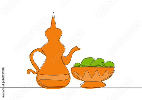 One single line drawing of teapot usually containing Zam zam water and dates fruit on a plate. Food and drink to eat after fasting concept continuous line draw design vector illustration