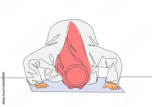 Single continuous line drawing of muslim person praying, doa sujud movement on pray. Sajadah worshiping of Islamic person concept one line draw design vector illustration