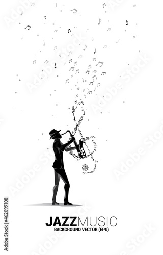 Vector silhouette of saxophonist with music melody note dancing flow . Concept background for classic music concert and recreation.