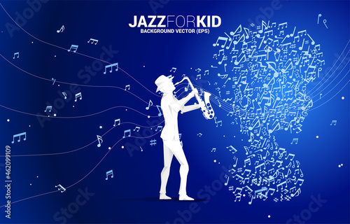 Vector saxophonist and child from dancing flow shape music note . Concept background music for kid and children.