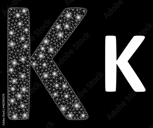 Glamour mesh vector Kappa Greek symbol with glare effect. White mesh, glare spots on a black background with Kappa Greek symbol icon. Mesh and glare elements are placed on different layers.