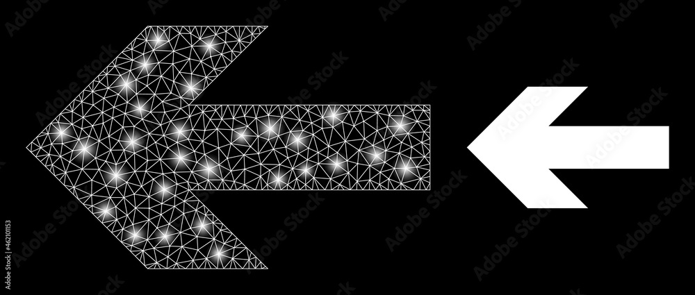 Bright mesh vector left arrow direction with glare effect. White mesh, flash spots on a black background with left arrow direction icon. Mesh and glare elements are placed on different layers. Bright mesh vector left arrow direction with glare effect. White mesh, flash spots on a black background with left arrow direction icon. Mesh and glare elements are placed on different layers.