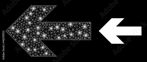 Bright mesh vector left arrow direction with glare effect. White mesh, flash spots on a black background with left arrow direction icon. Mesh and glare elements are placed on different layers.