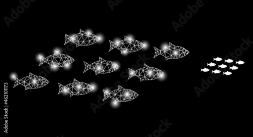 Bright mesh vector school of fish with glare effect. White mesh, bright spots on a black background with school of fish icon. Mesh and glare elements are placed on different layers.
