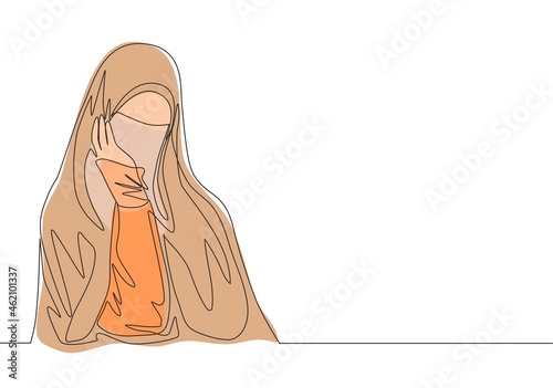 Single continuous line drawing of young beauty middle east muslimah wearing burqa with head scarf. Traditional beautiful muslim woman niqab with hijab concept one line draw design vector illustration