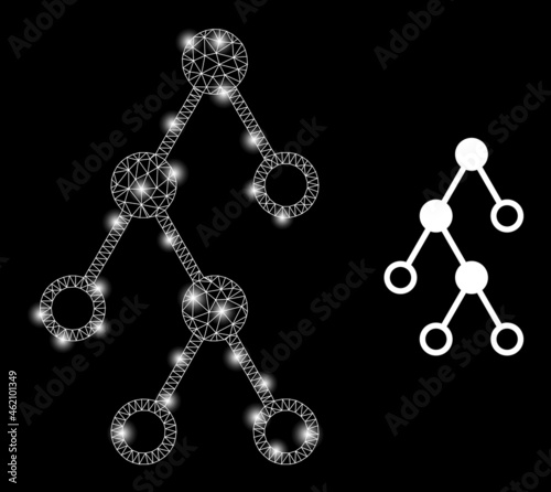 Bright mesh vector hierarchy nodes with glare effect. White mesh, light spots on a black background with hierarchy nodes icon. Mesh and glare elements are placed on different layers.