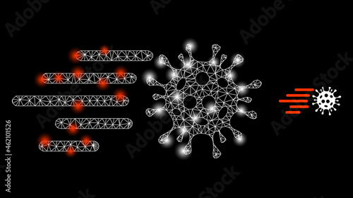 Magic mesh vector rush virus with glare effect. White mesh, glare spots on a black background with rush virus icon. Mesh and lightspot elements are placed on different layers.