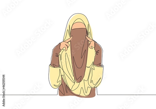 Single continuous line drawing of young cute Asian muslimah wearing burqa while touching her cheeks. Traditional beauty muslim woman niqab with hijab concept one line draw design vector illustration