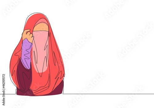 One single line drawing of young happy attractive Asian muslimah wearing burqa and pose nicely. Traditional beautiful Arabian woman niqab cloth concept continuous line draw design vector illustration