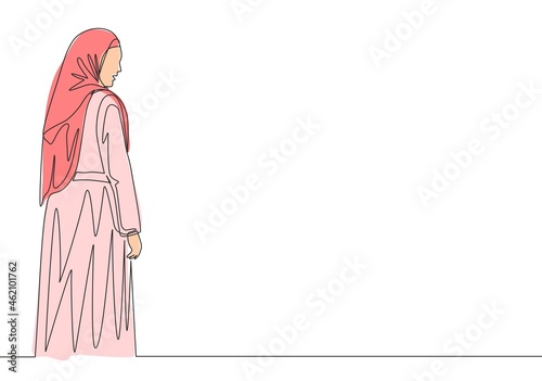 Single continuous line drawing of young happy beautiful muslim girl with headscarf from back view. Pretty malay women model in trendy hijab fashion concept one line draw design vector illustration